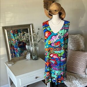 Jams world, colorful, sleeveless V-neck, fish party, vacation, tropical dress L